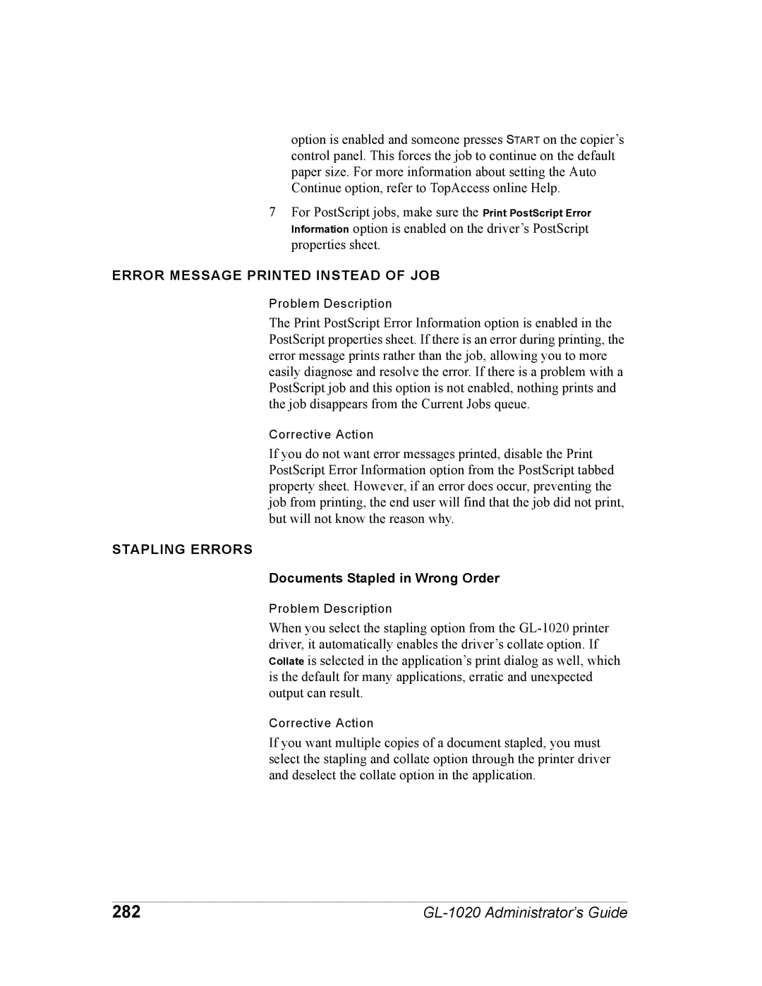 Toshiba GL-1020 manual 282, Stapling Errors, Documents Stapled in Wrong Order 