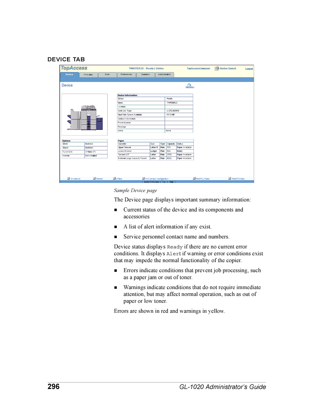 Toshiba GL-1020 manual 296, Device TAB 