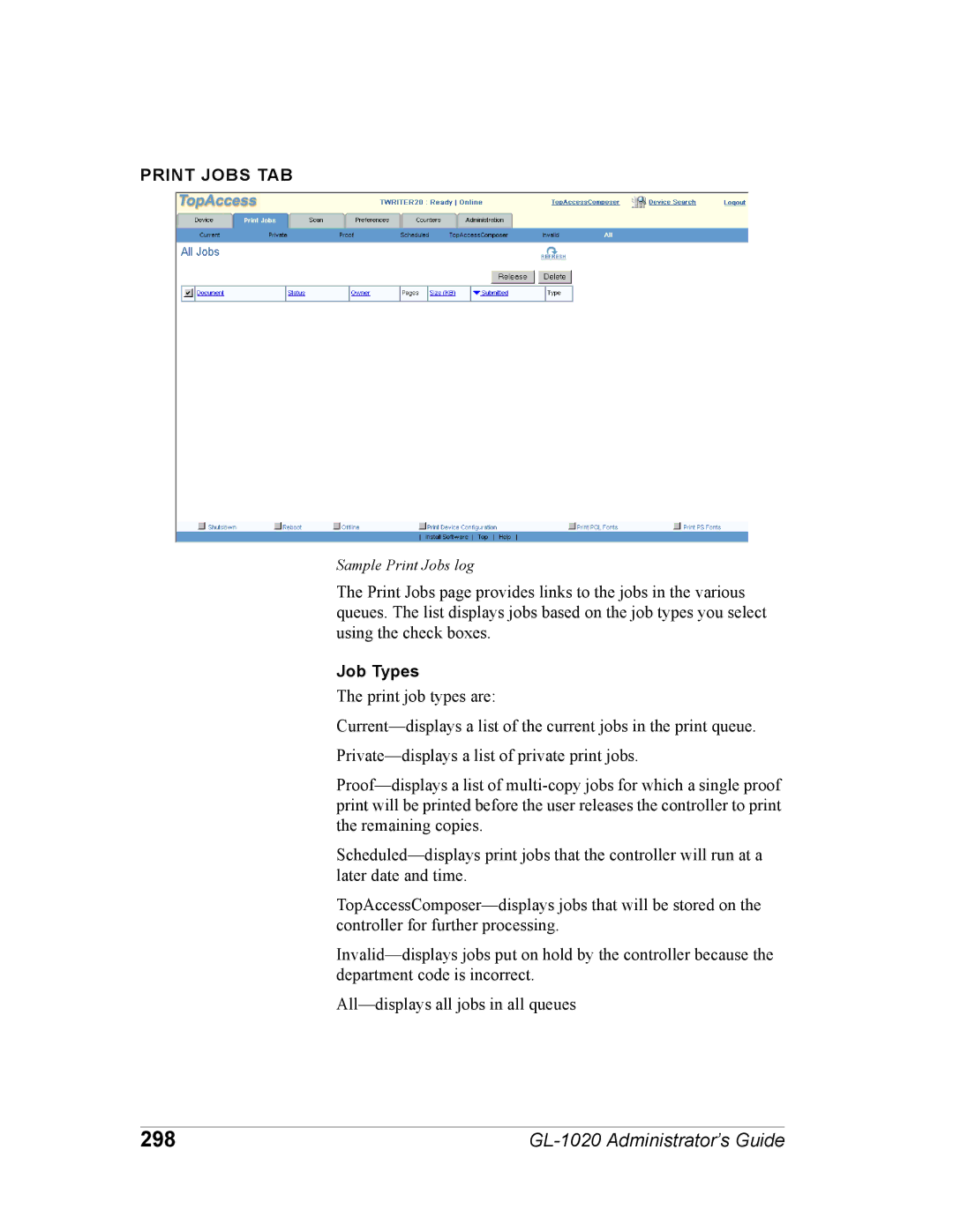 Toshiba GL-1020 manual 298, Print Jobs TAB, Job Types 
