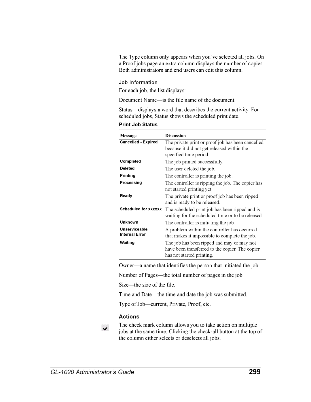 Toshiba GL-1020 manual 299, Actions, Print Job Status 