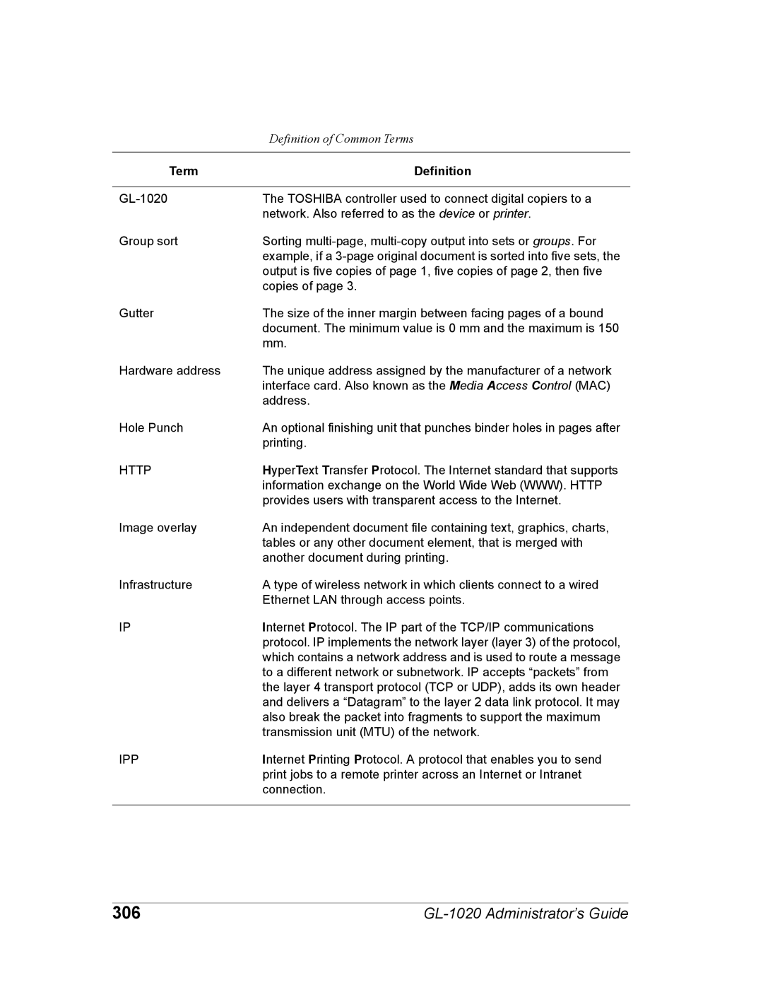 Toshiba GL-1020 manual 306, Http 