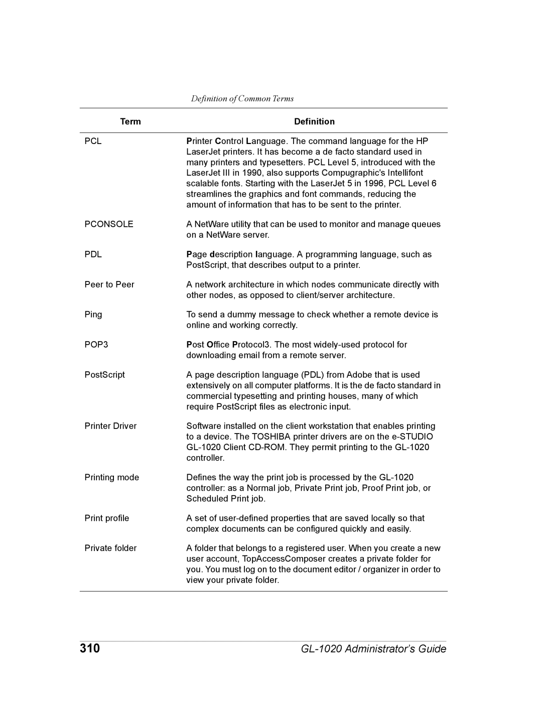 Toshiba GL-1020 manual 310, Pcl, Pconsole, Pdl, POP3 