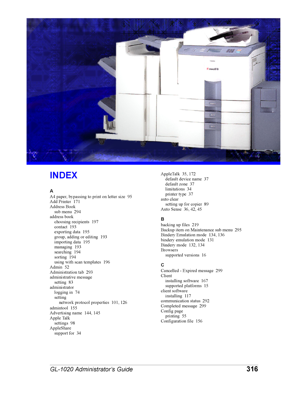 Toshiba GL-1020 manual Index, 316 