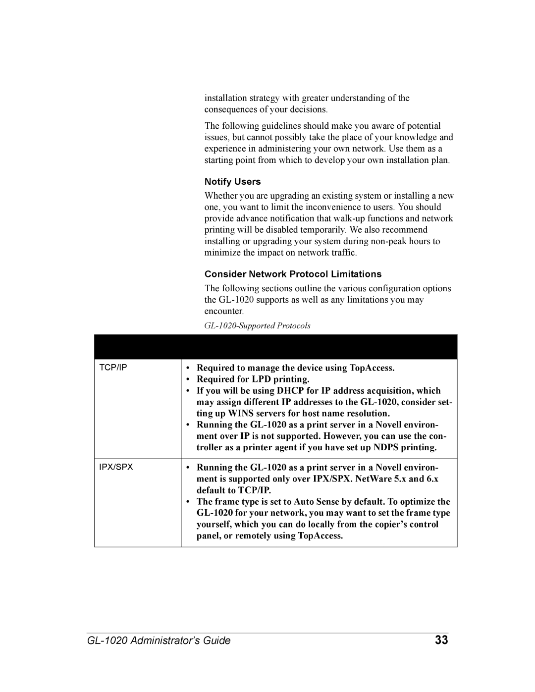 Toshiba GL-1020 manual Notify Users, Consider Network Protocol Limitations, Protocol Considerations and Limitations, Tcp/Ip 