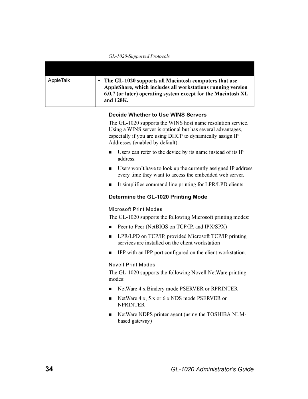 Toshiba manual Decide Whether to Use Wins Servers, Determine the GL-1020 Printing Mode 