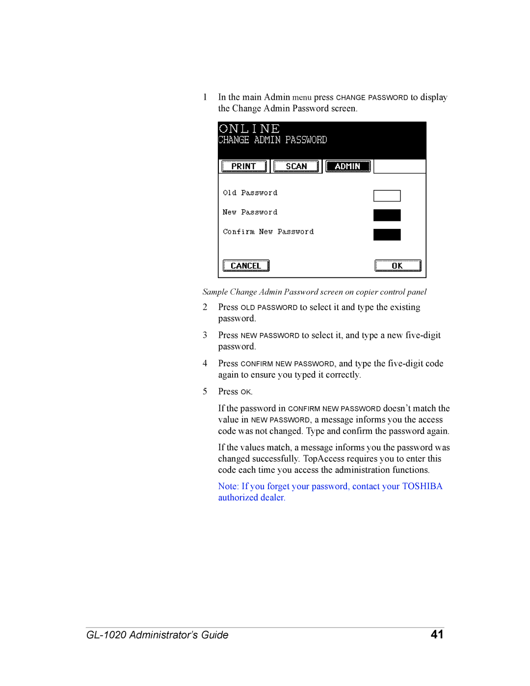 Toshiba GL-1020 manual Sample Change Admin Password screen on copier control panel 