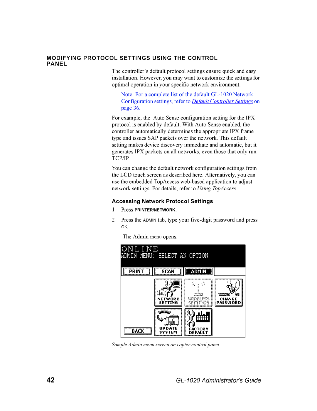 Toshiba GL-1020 manual Modifying Protocol Settings Using the Control Panel, Accessing Network Protocol Settings 