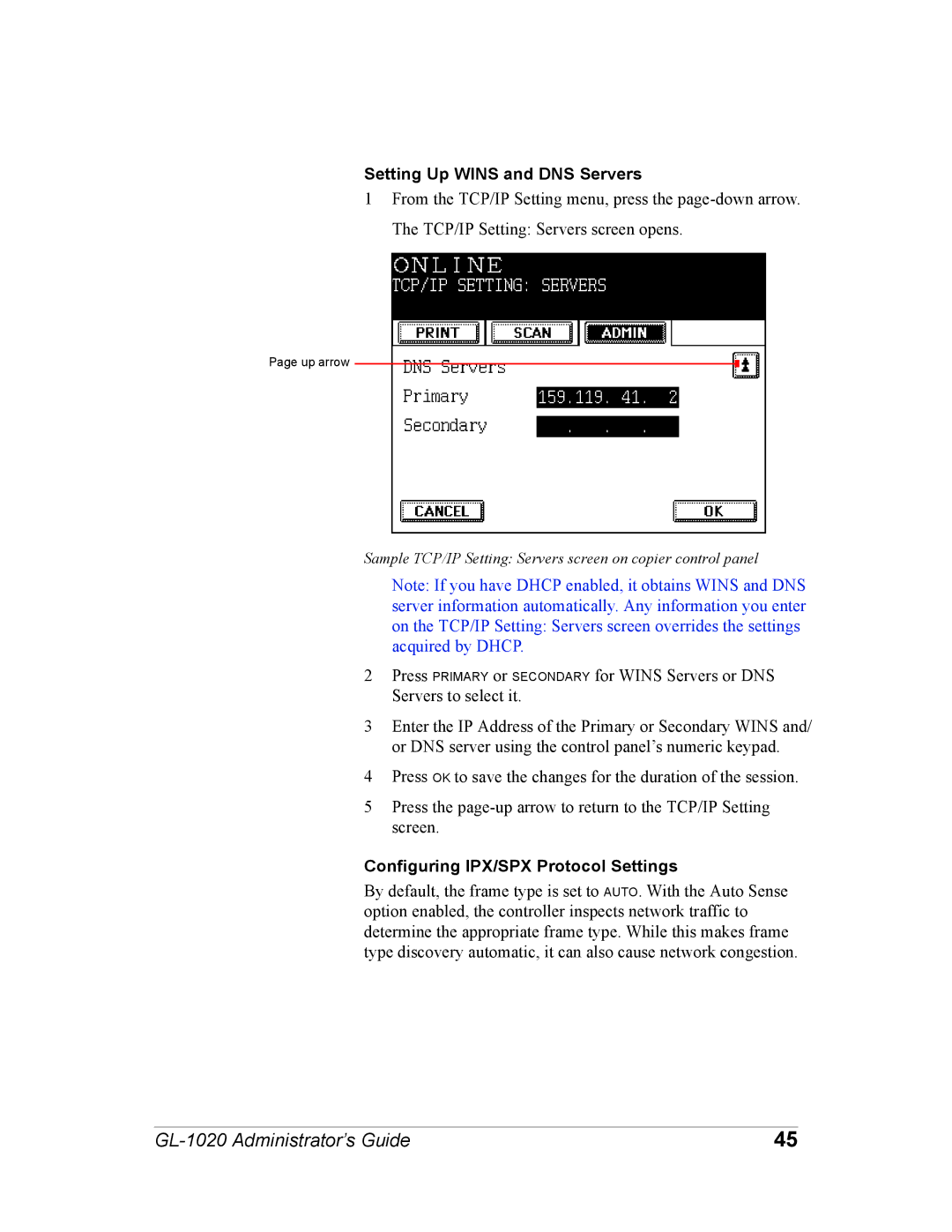 Toshiba GL-1020 manual Setting Up Wins and DNS Servers, Configuring IPX/SPX Protocol Settings 