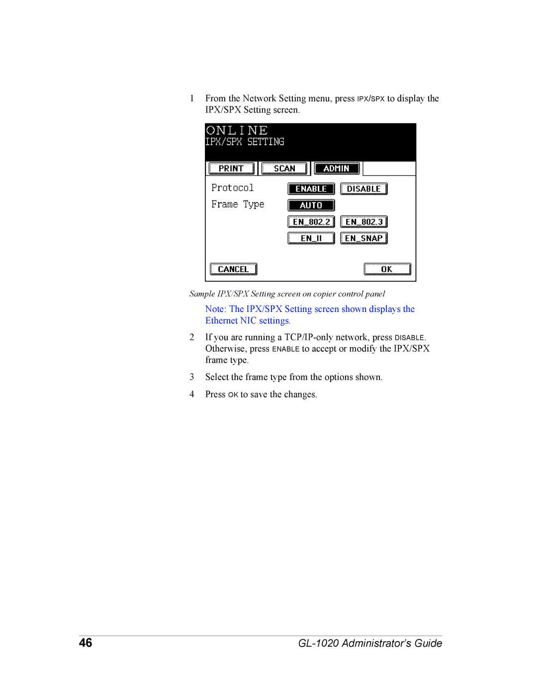 Toshiba GL-1020 manual Sample IPX/SPX Setting screen on copier control panel 