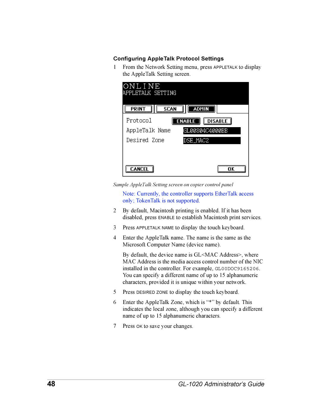 Toshiba GL-1020 manual Configuring AppleTalk Protocol Settings 