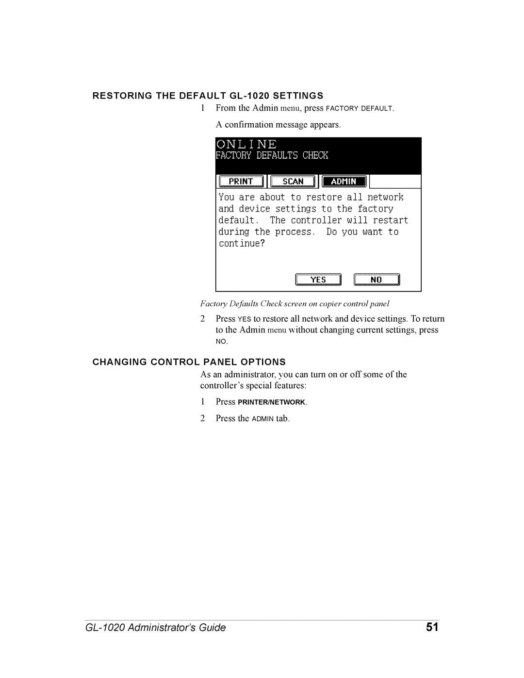 Toshiba manual Restoring the Default GL-1020 Settings, Changing Control Panel Options 