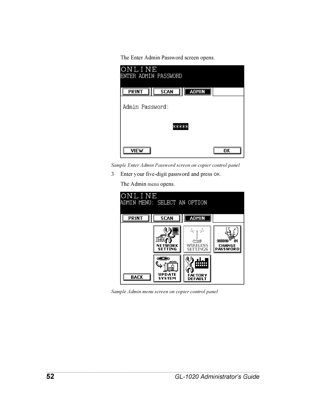 Toshiba GL-1020 manual Enter Admin Password screen opens 