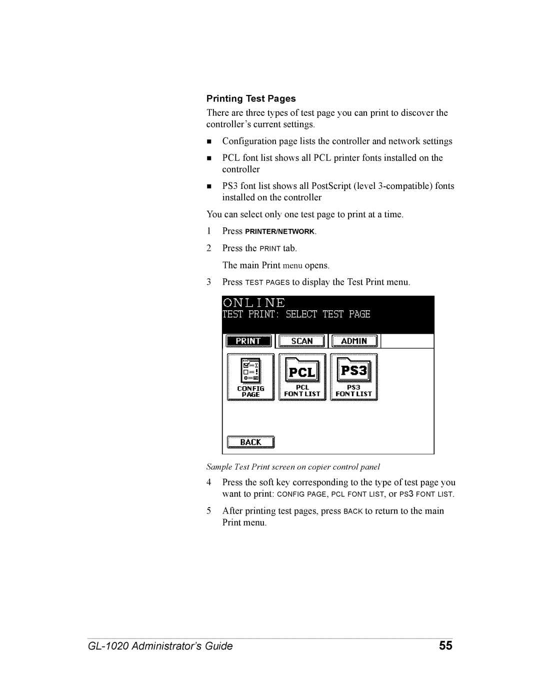 Toshiba GL-1020 manual Printing Test Pages 