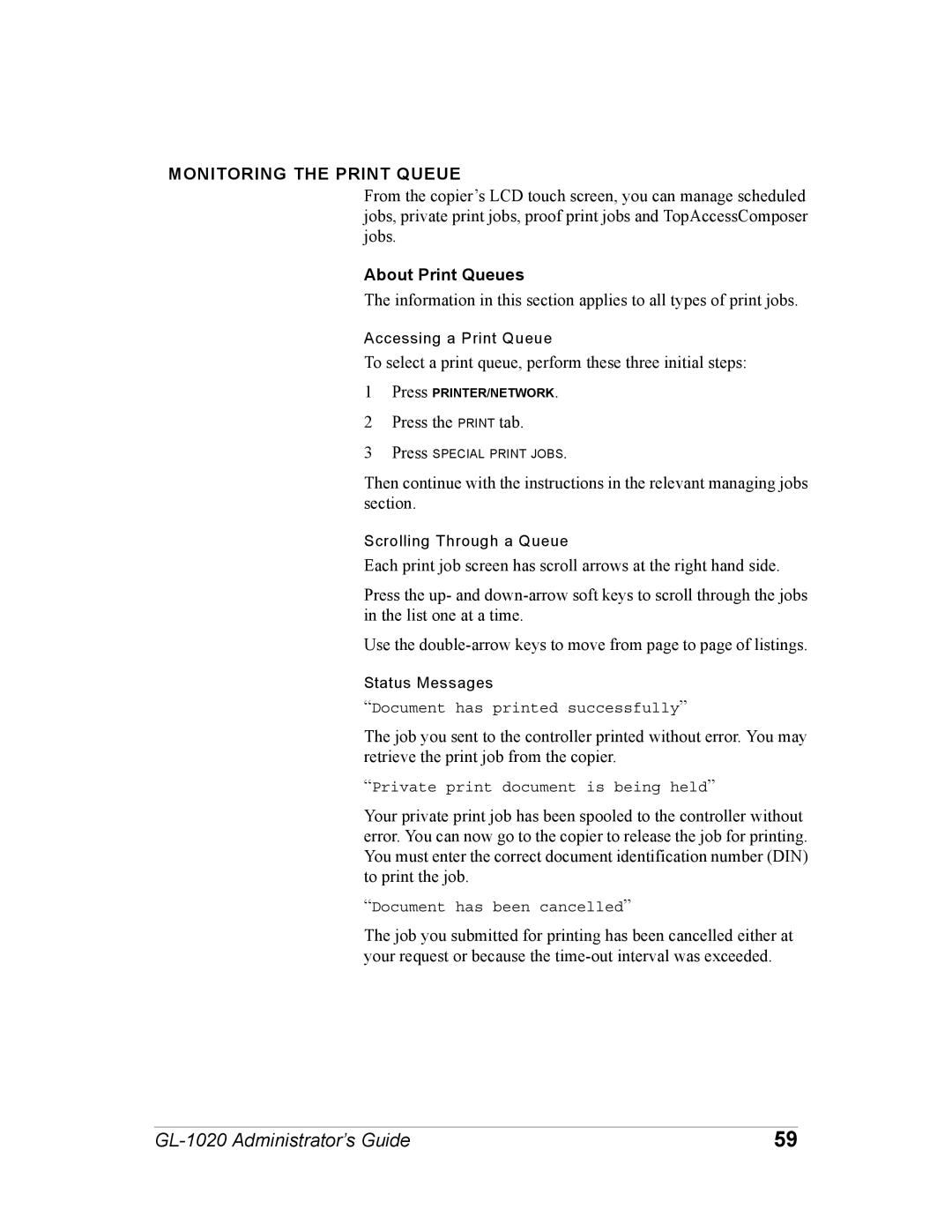 Toshiba GL-1020 manual Monitoring the Print Queue, About Print Queues 