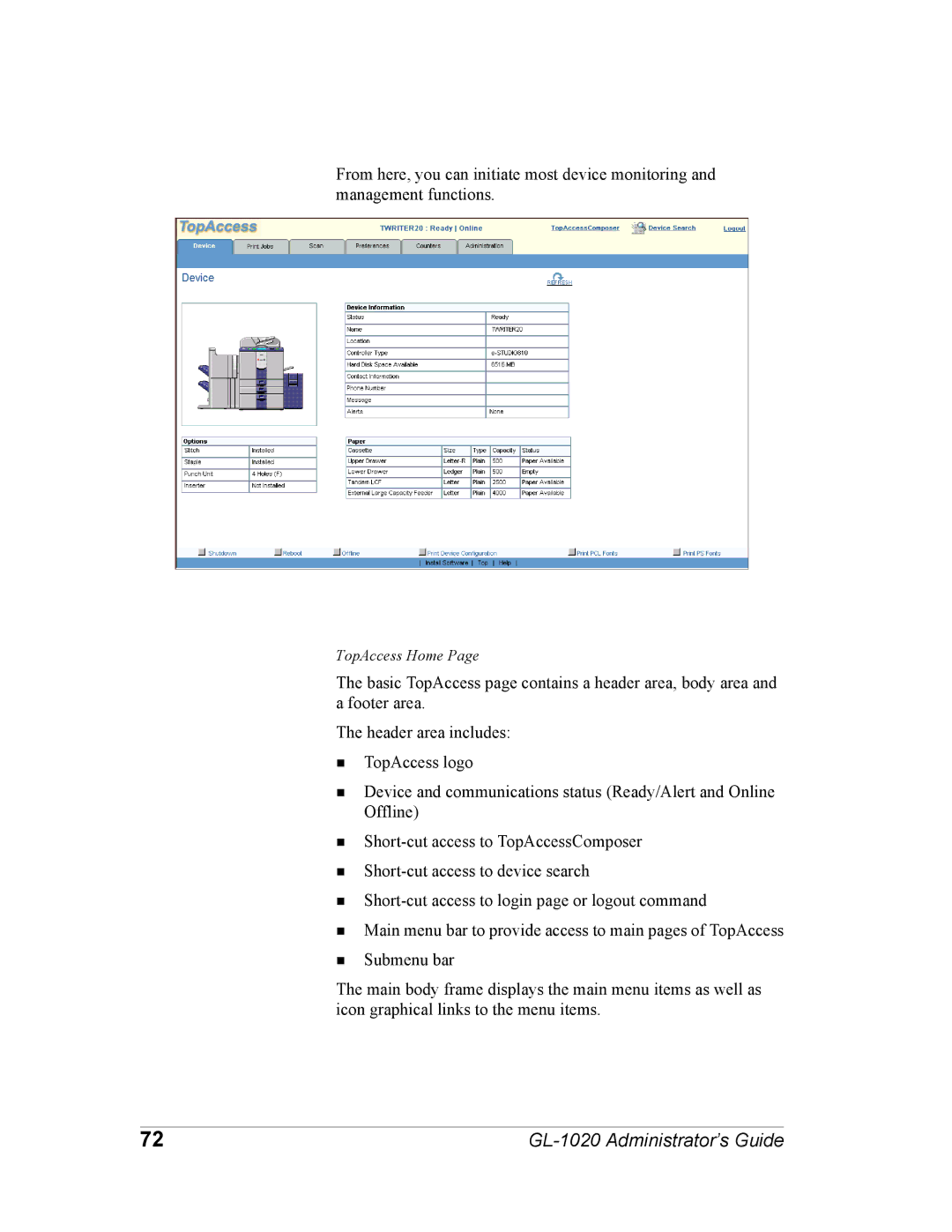 Toshiba GL-1020 manual TopAccess Home 