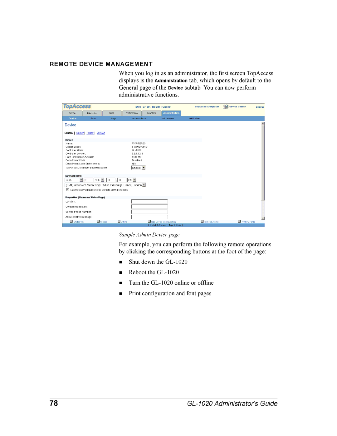 Toshiba GL-1020 manual Remote Device Management 