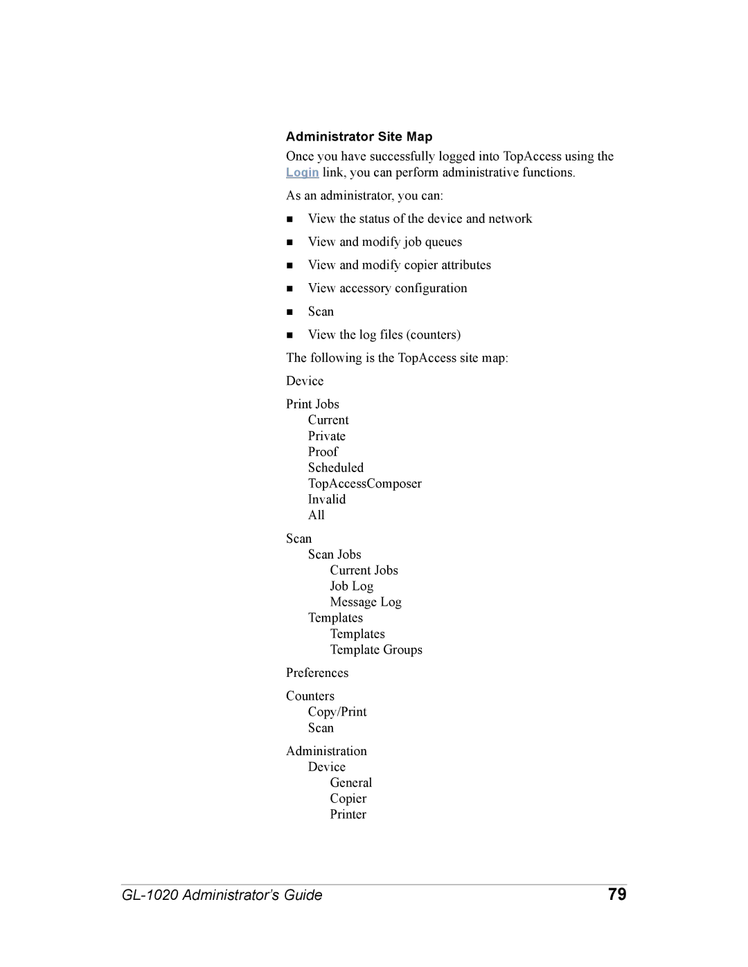 Toshiba GL-1020 manual Administrator Site Map 