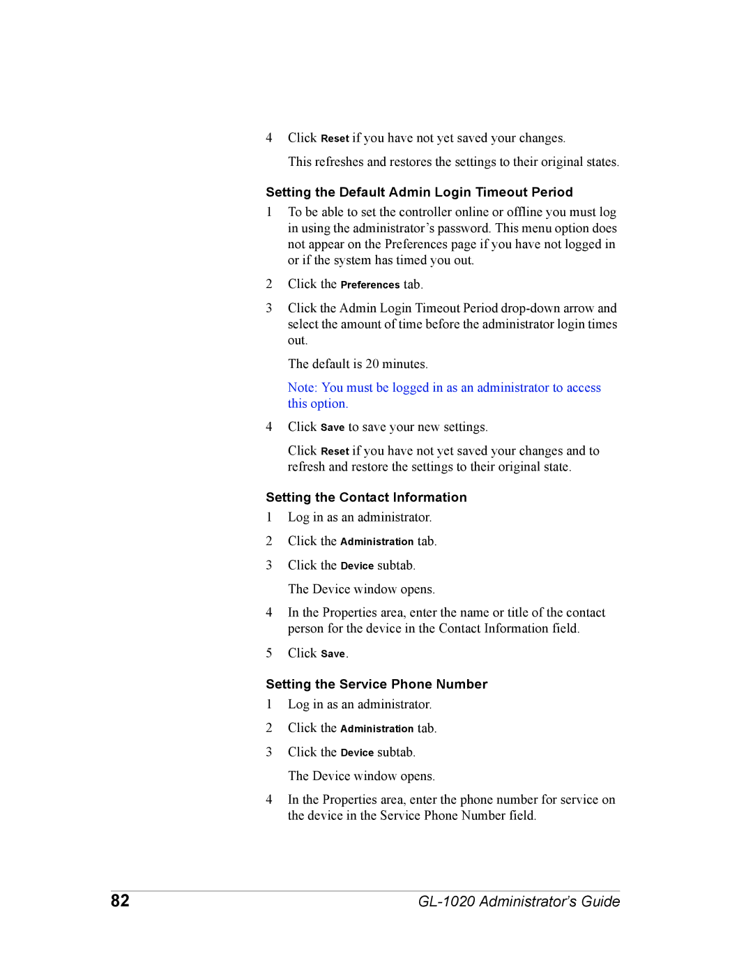 Toshiba GL-1020 manual Setting the Default Admin Login Timeout Period, Setting the Contact Information 