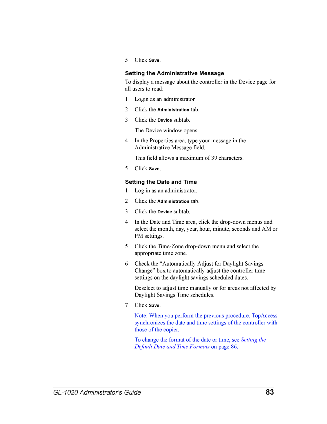 Toshiba GL-1020 manual Setting the Administrative Message, Setting the Date and Time 