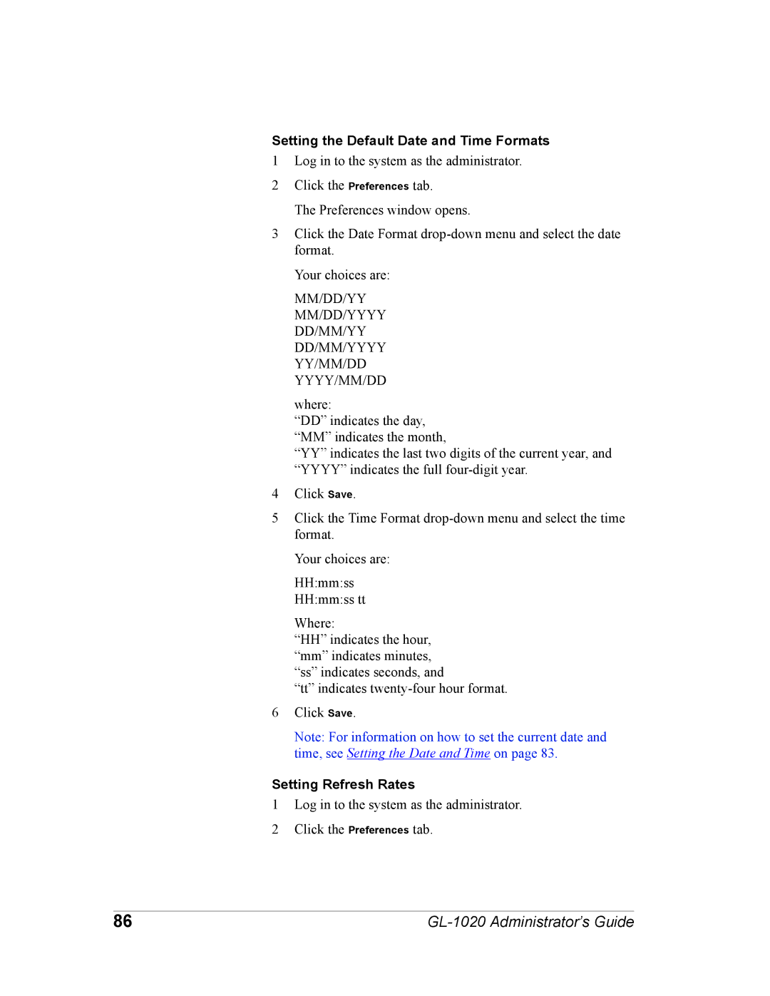 Toshiba GL-1020 manual Setting the Default Date and Time Formats, Setting Refresh Rates 