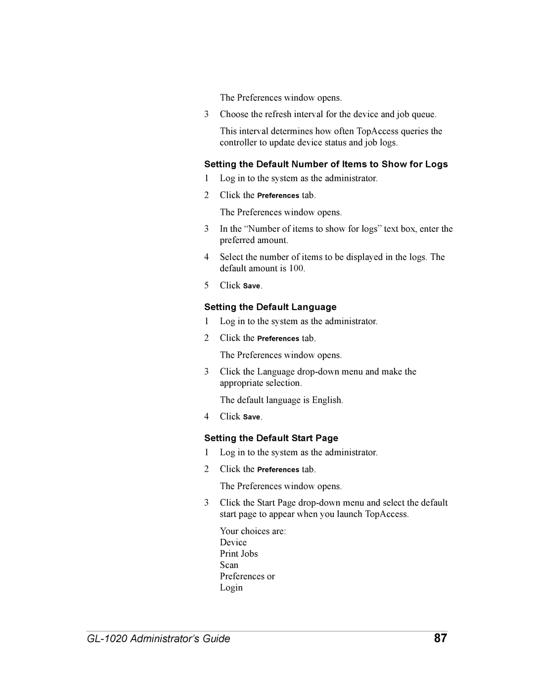 Toshiba GL-1020 manual Setting the Default Number of Items to Show for Logs, Setting the Default Language 