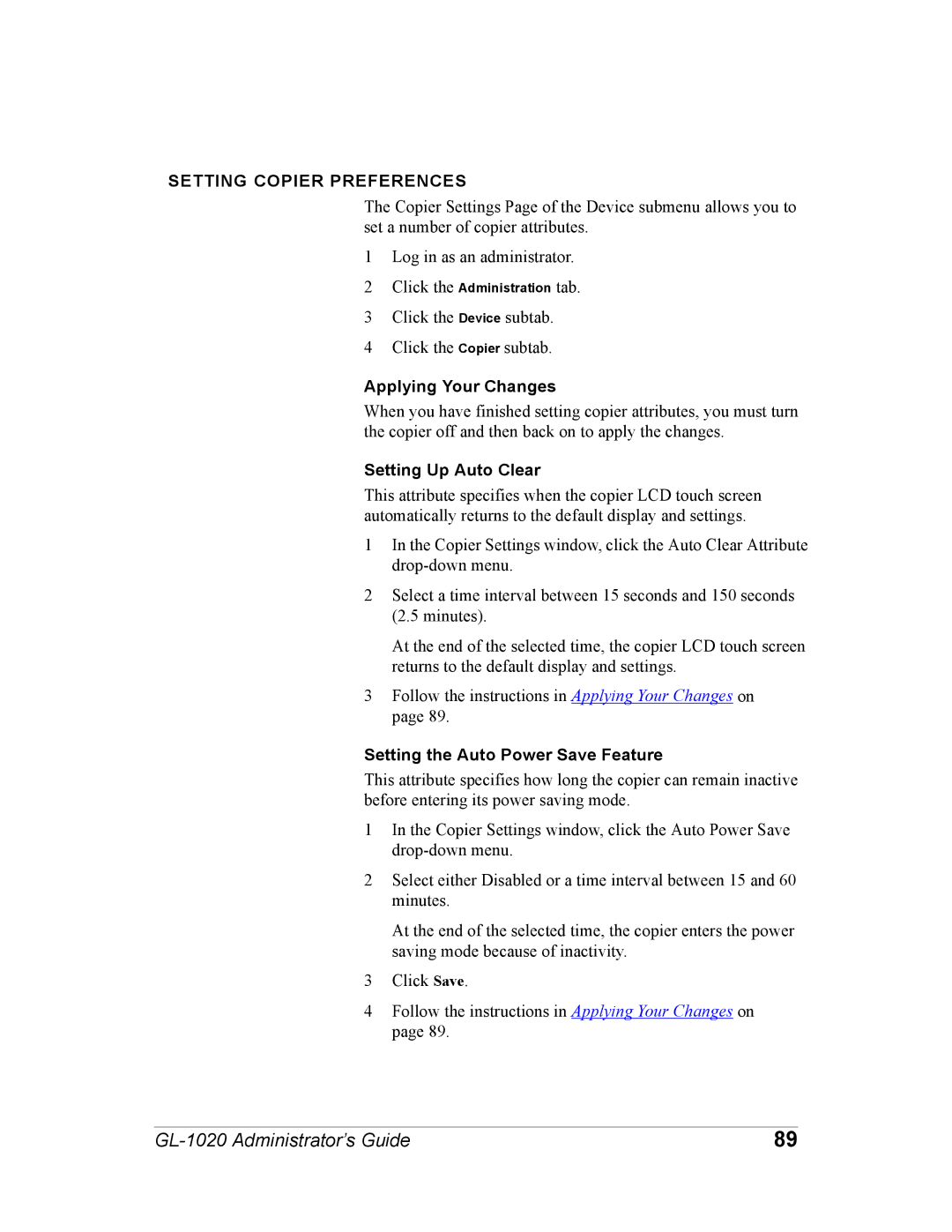 Toshiba GL-1020 manual Setting Copier Preferences, Applying Your Changes, Setting Up Auto Clear 