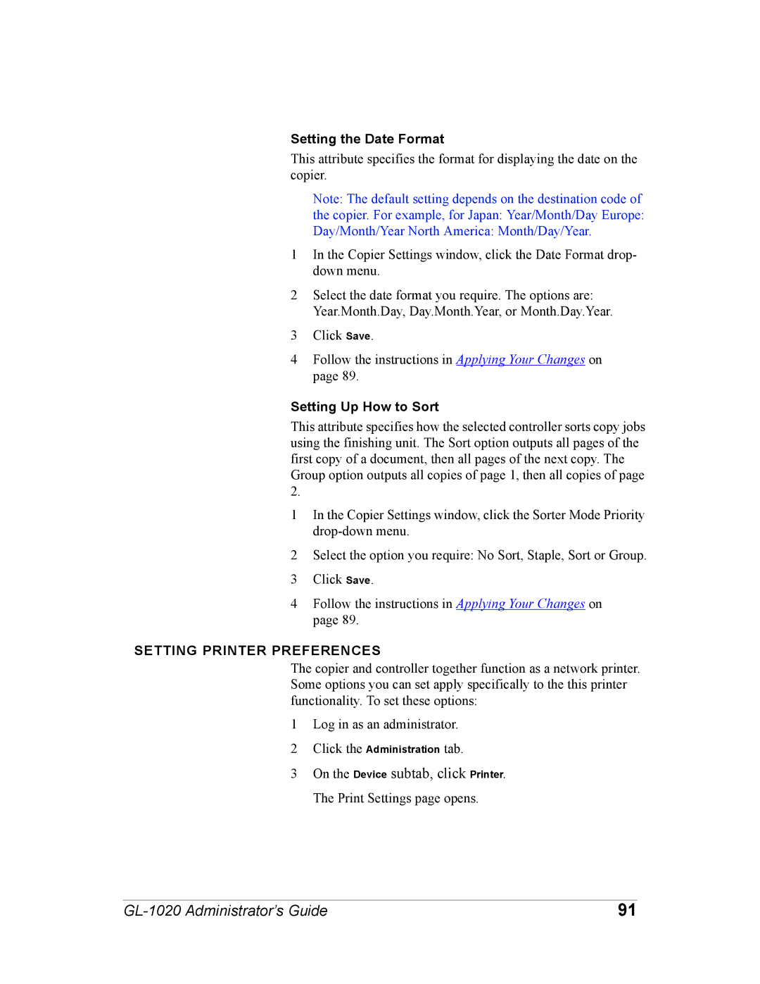 Toshiba GL-1020 manual Setting the Date Format, Setting Up How to Sort, Setting Printer Preferences 