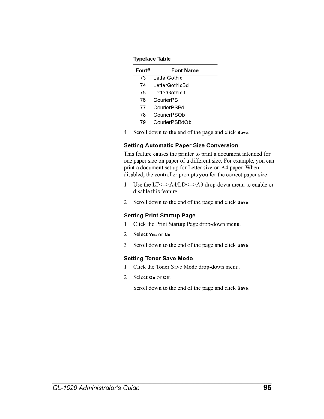 Toshiba GL-1020 manual Setting Automatic Paper Size Conversion, Setting Print Startup, Setting Toner Save Mode 
