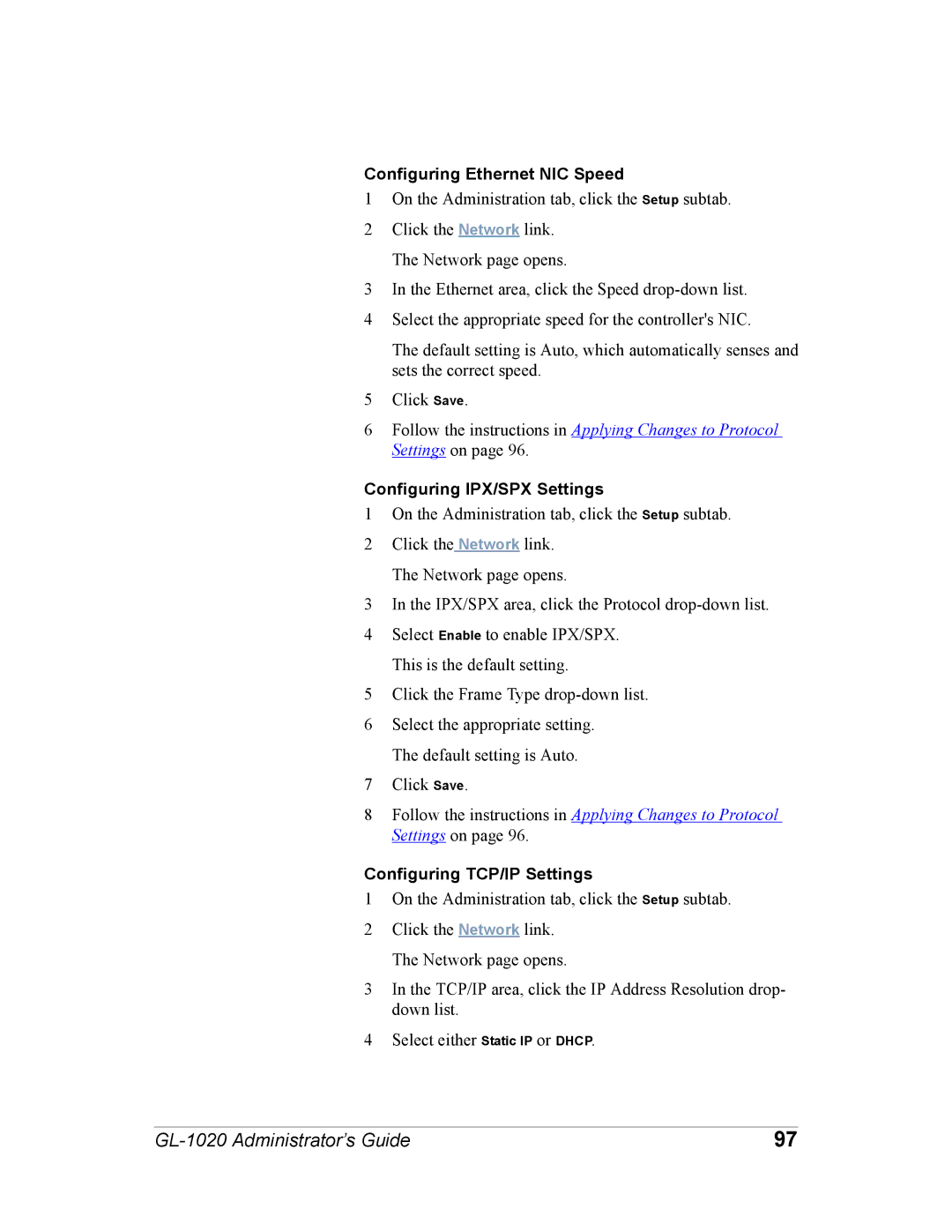 Toshiba GL-1020 manual Configuring Ethernet NIC Speed, Configuring IPX/SPX Settings, Configuring TCP/IP Settings 