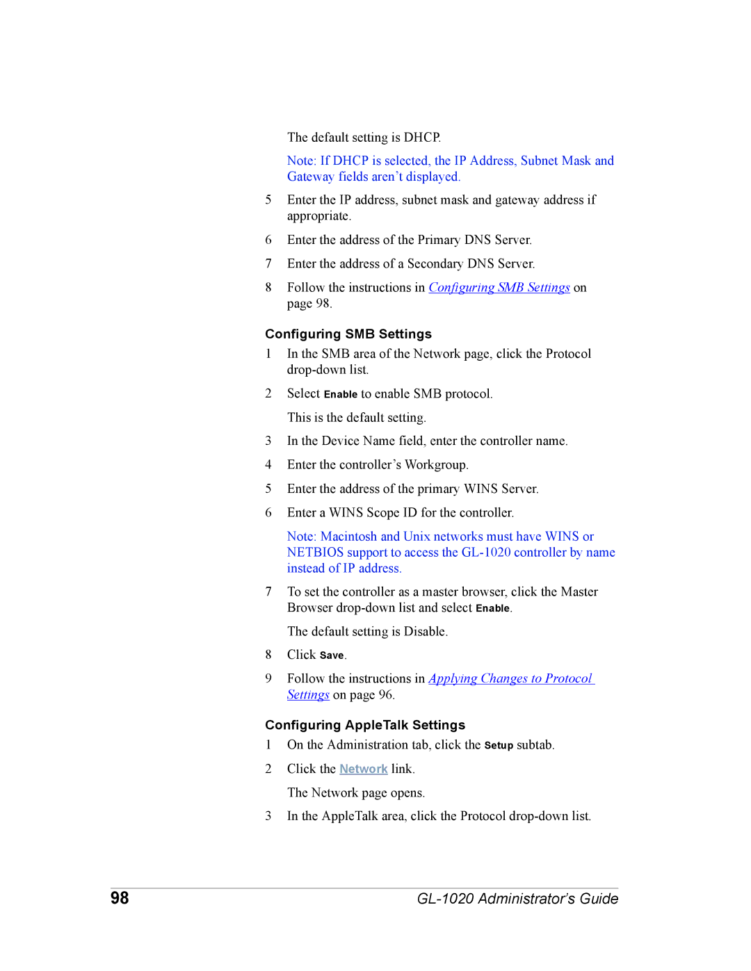Toshiba GL-1020 manual Configuring SMB Settings, Configuring AppleTalk Settings 