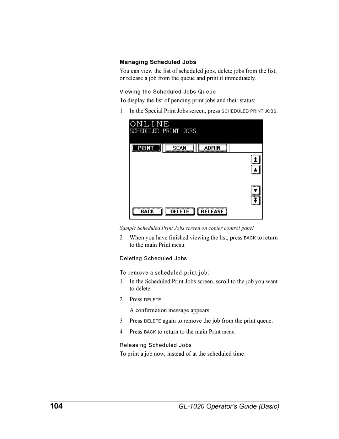 Toshiba GL-1020 manual 104, Managing Scheduled Jobs 