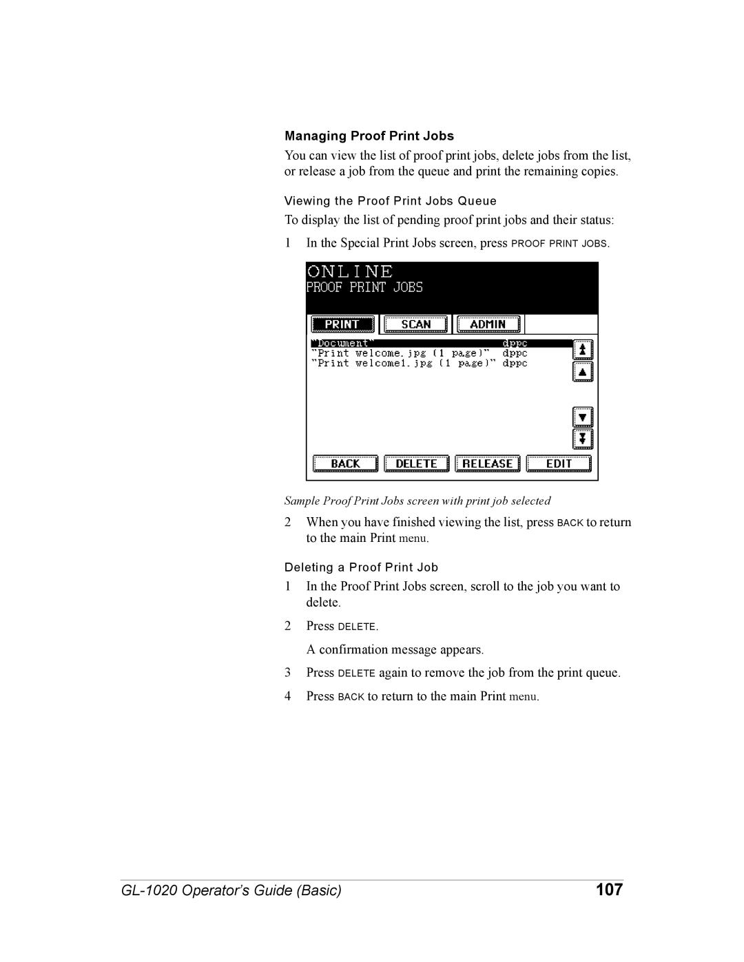 Toshiba GL-1020 manual 107, Managing Proof Print Jobs 