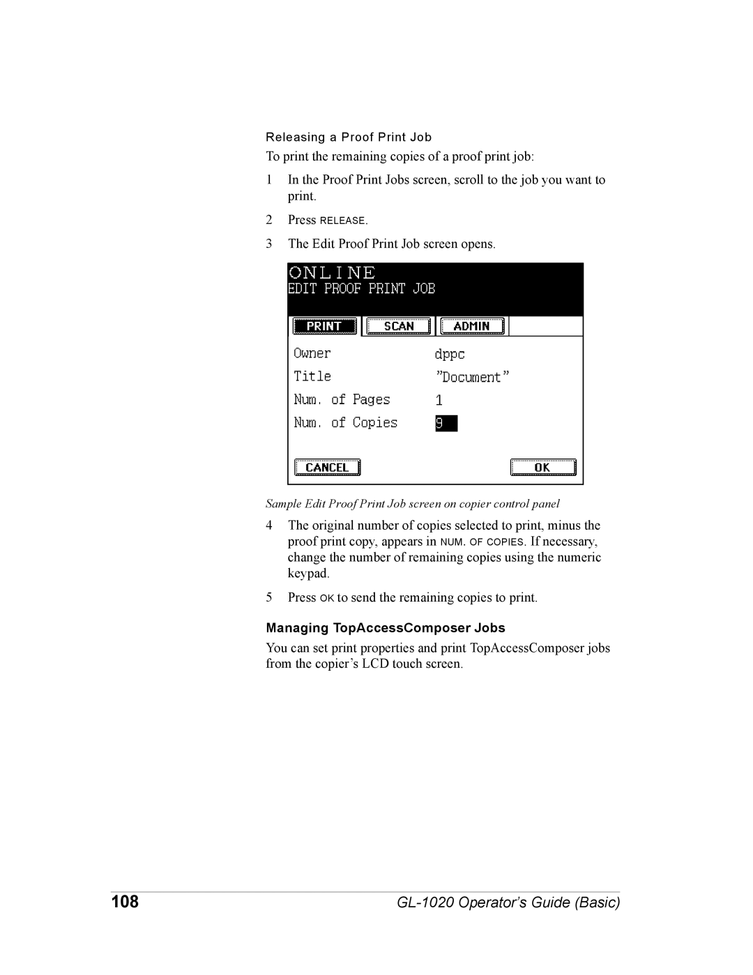 Toshiba GL-1020 manual 108, Managing TopAccessComposer Jobs 