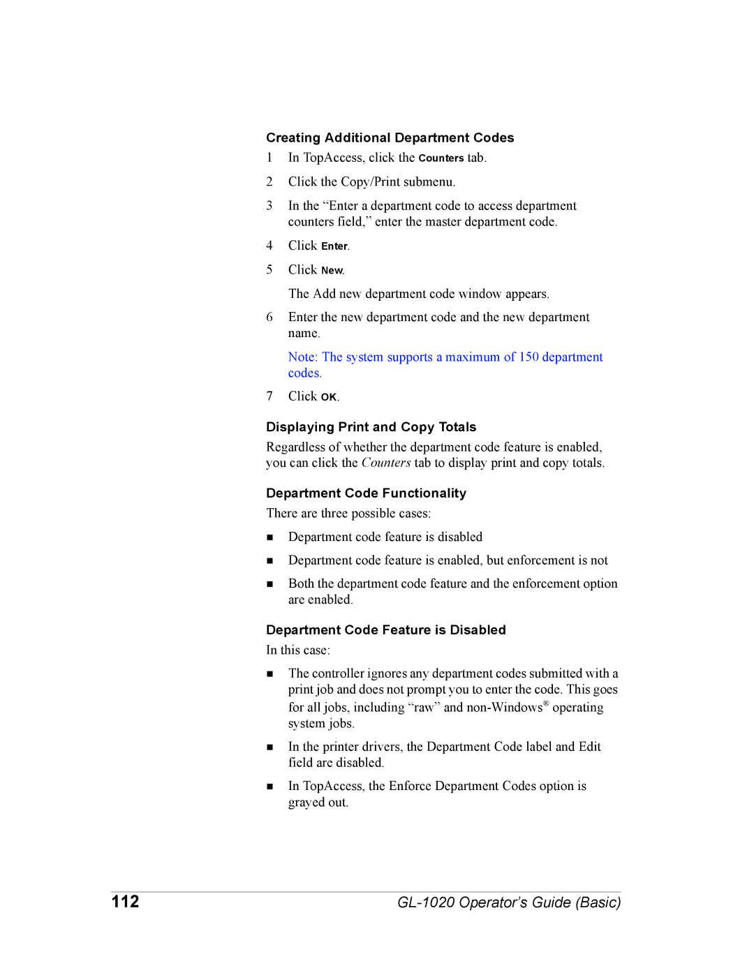 Toshiba GL-1020 112, Creating Additional Department Codes, Displaying Print and Copy Totals, Department Code Functionality 