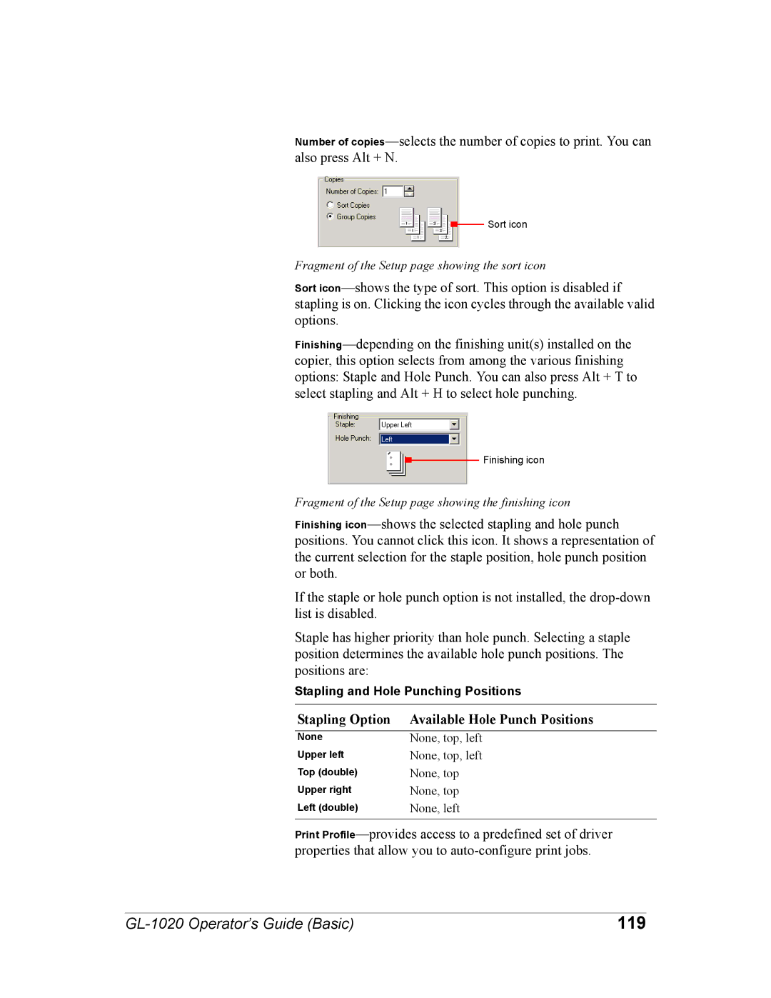 Toshiba GL-1020 manual 119, Stapling Option Available Hole Punch Positions 