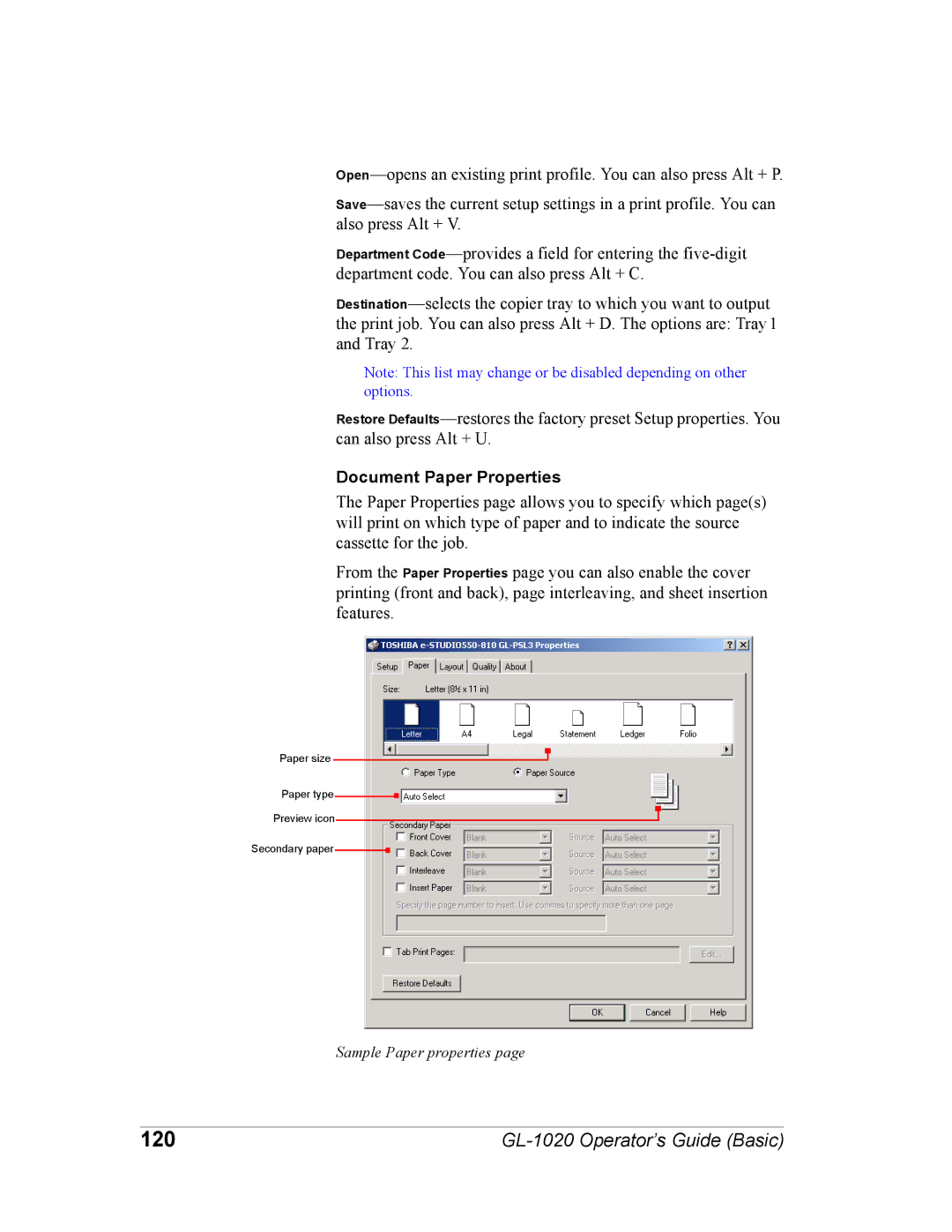 Toshiba GL-1020 manual 120, Document Paper Properties 