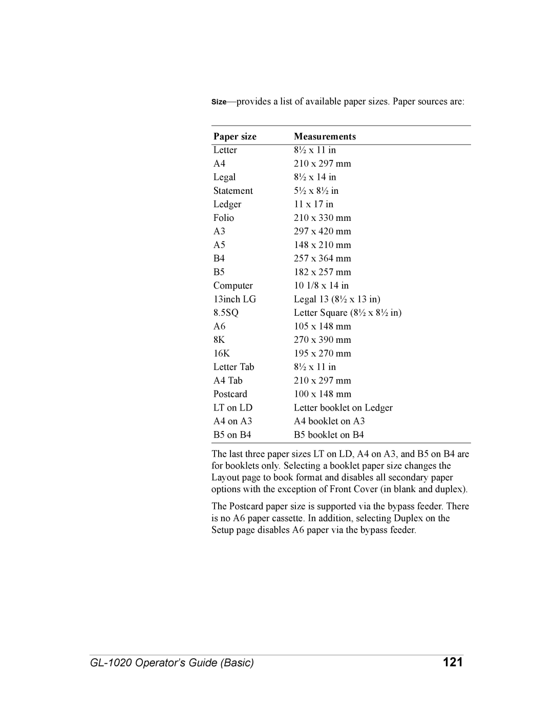 Toshiba GL-1020 manual 121, Paper size Measurements 