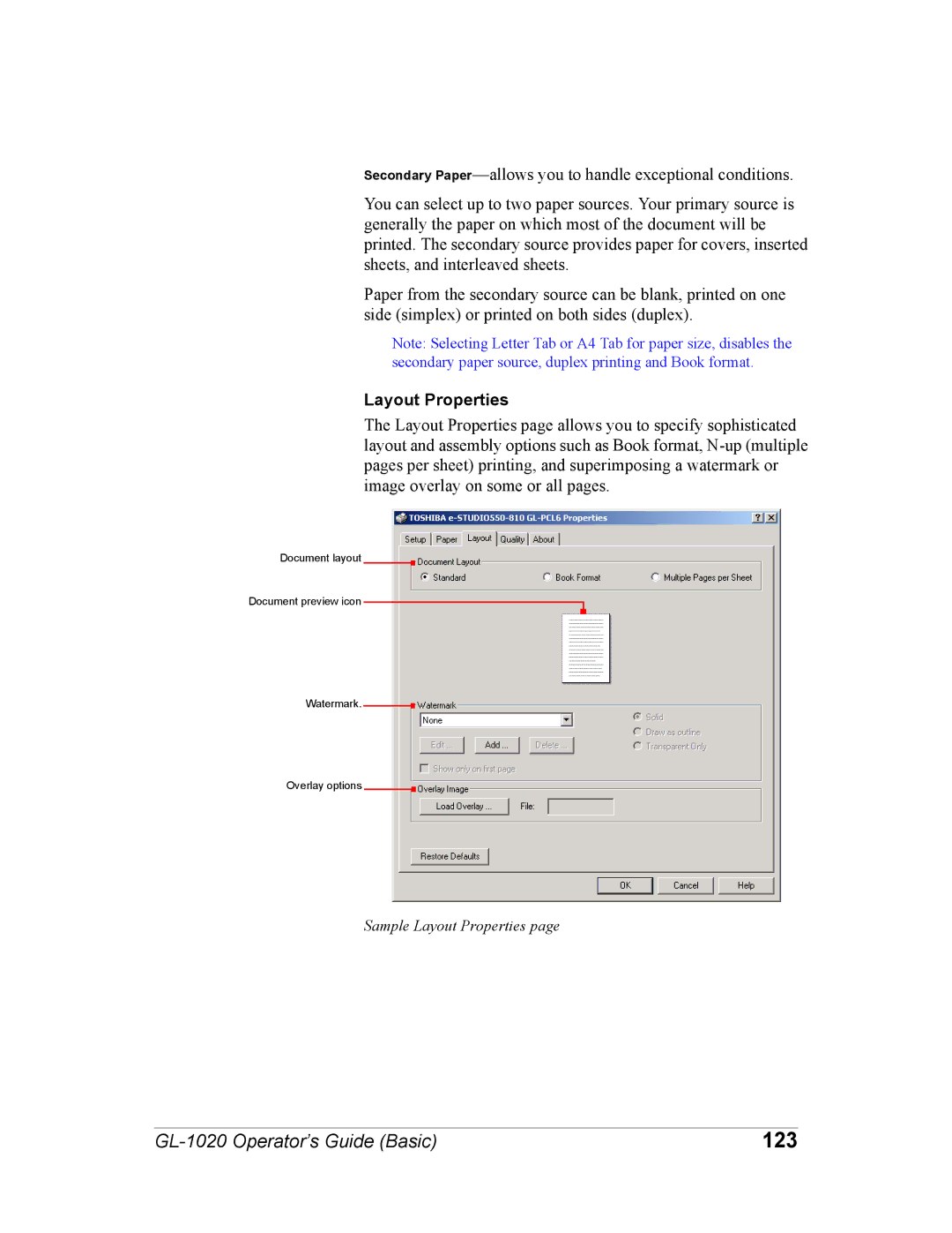 Toshiba GL-1020 manual 123, Layout Properties 