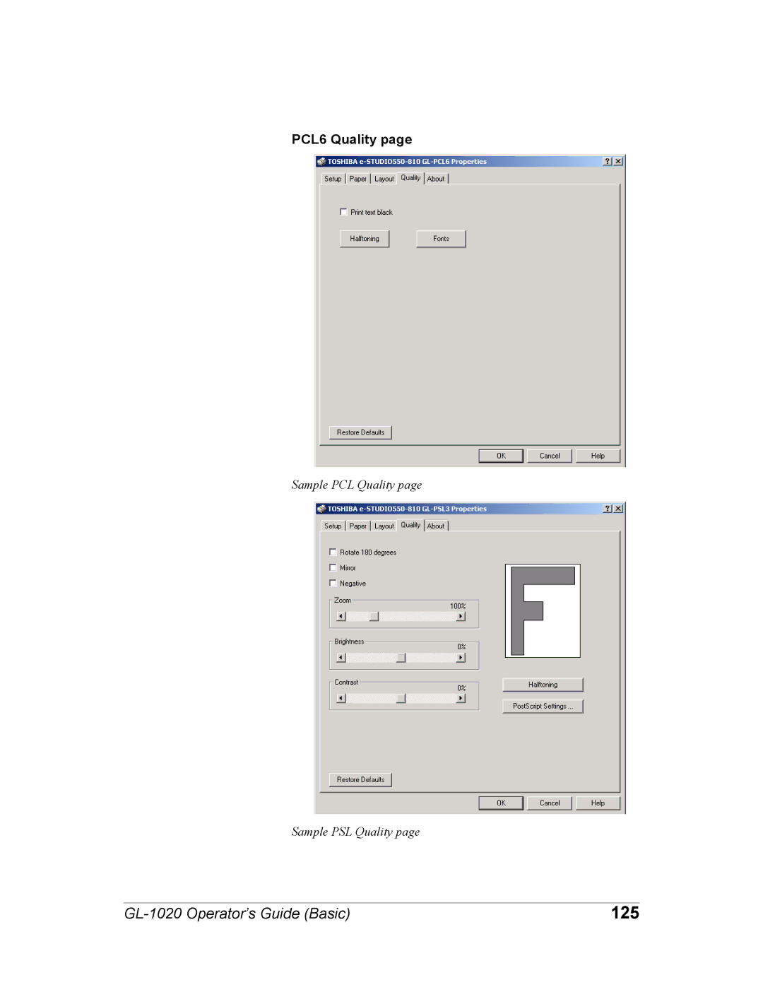 Toshiba GL-1020 manual 125, PCL6 Quality 