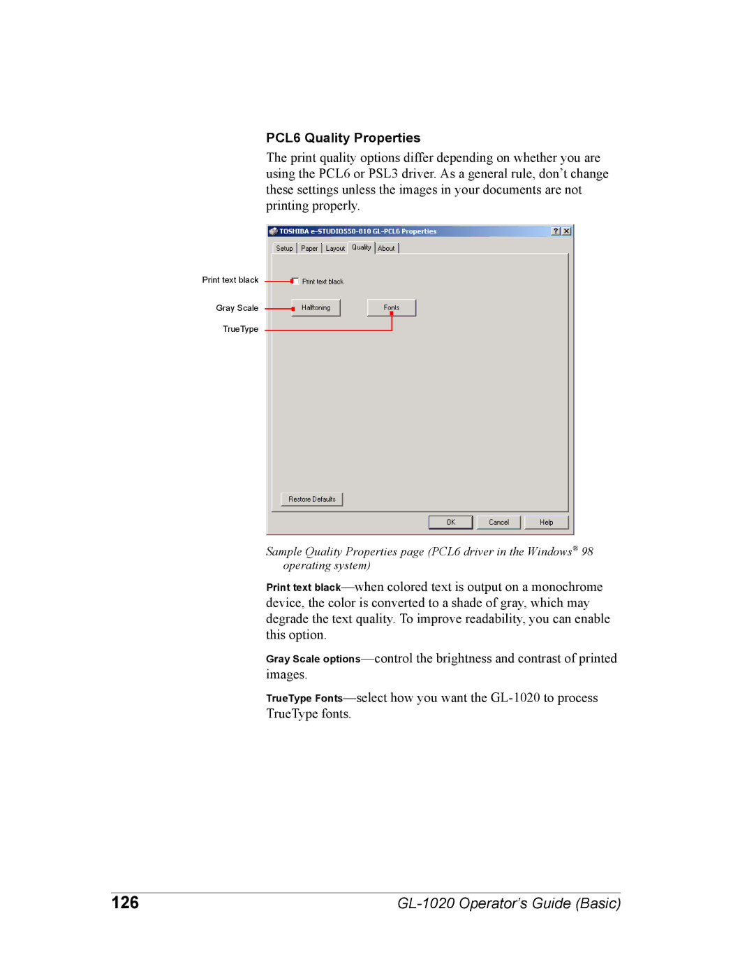 Toshiba GL-1020 manual 126, PCL6 Quality Properties 