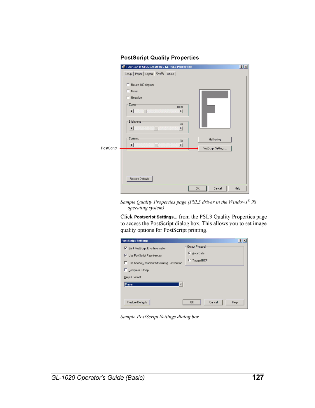 Toshiba GL-1020 manual 127, PostScript Quality Properties 