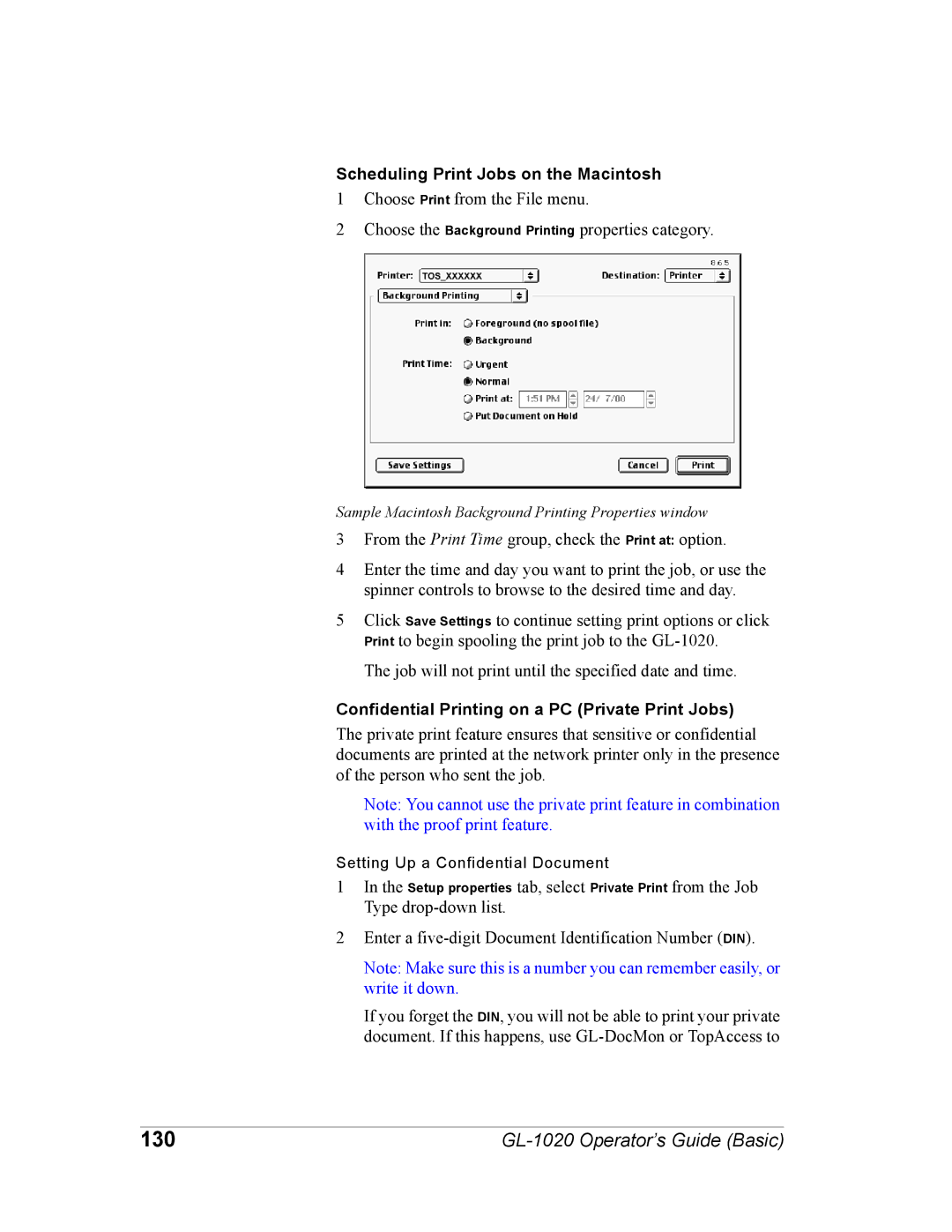 Toshiba GL-1020 manual 130, Scheduling Print Jobs on the Macintosh, Confidential Printing on a PC Private Print Jobs 