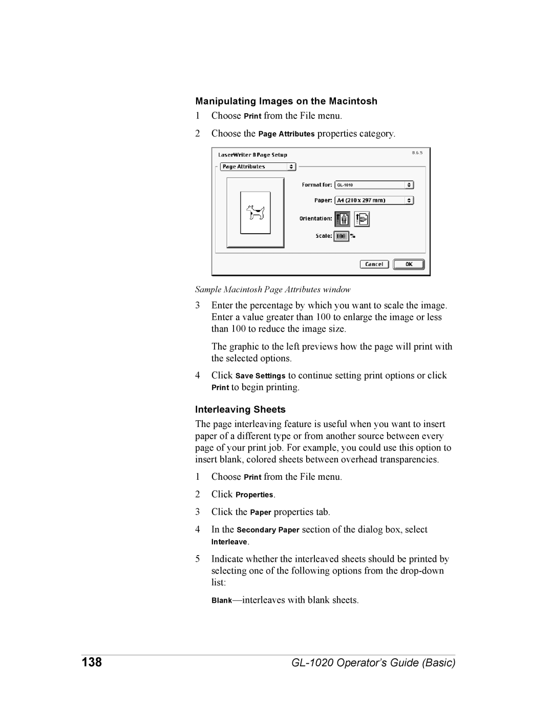 Toshiba GL-1020 manual 138, Manipulating Images on the Macintosh, Interleaving Sheets 