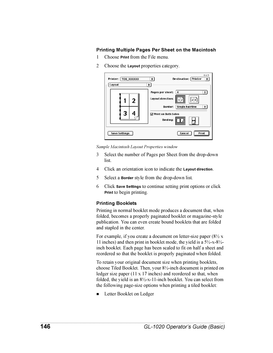 Toshiba GL-1020 manual 146, Printing Multiple Pages Per Sheet on the Macintosh, Printing Booklets 