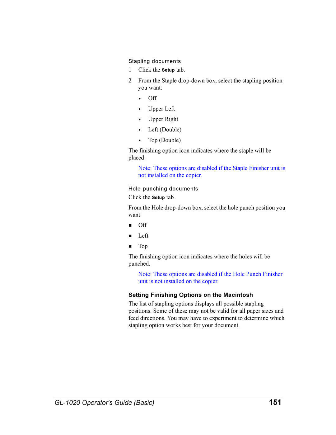 Toshiba GL-1020 manual 151, Setting Finishing Options on the Macintosh 