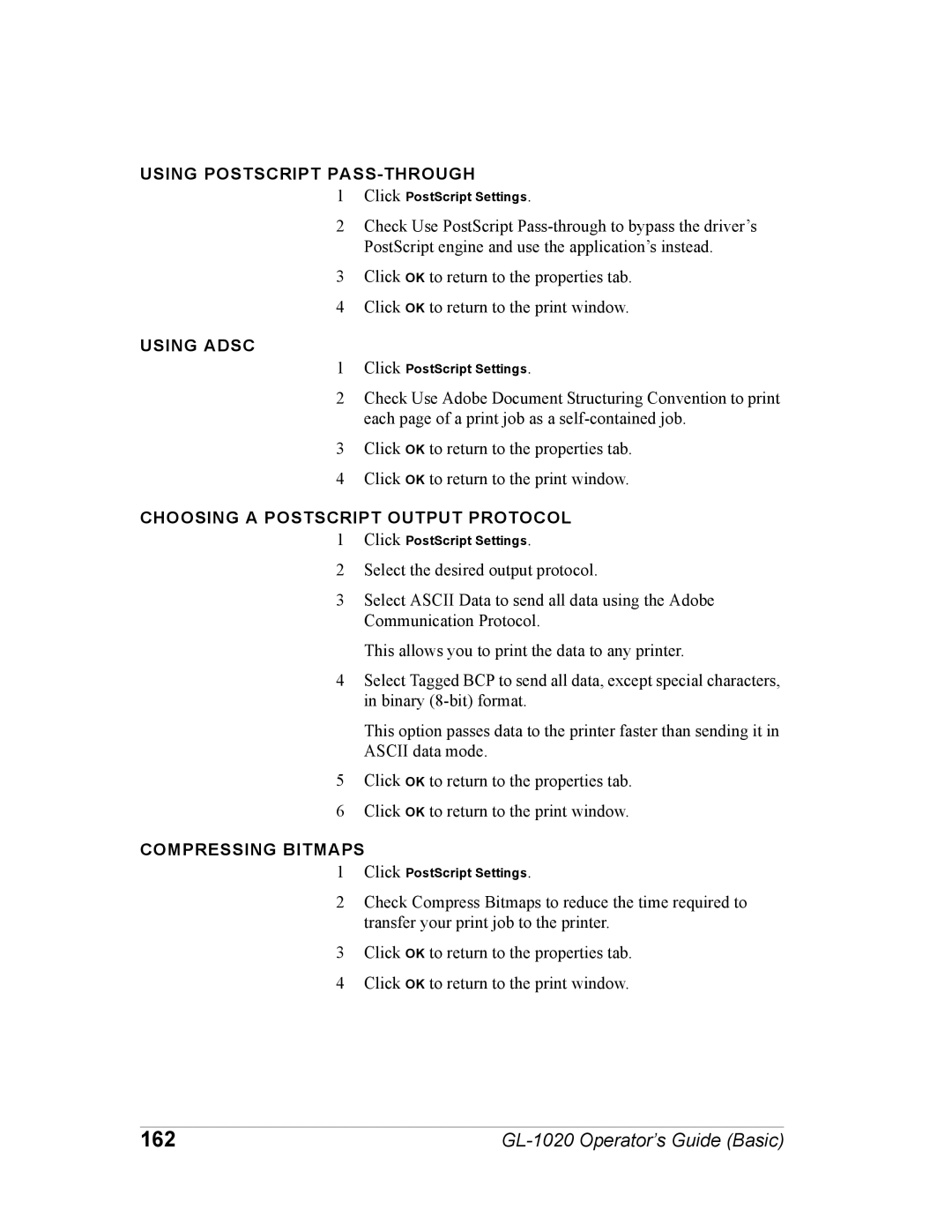 Toshiba GL-1020 162, Using Postscript PASS-THROUGH, Using Adsc, Choosing a Postscript Output Protocol, Compressing Bitmaps 