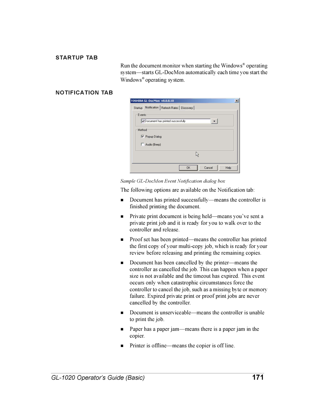 Toshiba GL-1020 manual 171, Startup TAB, Notification TAB 