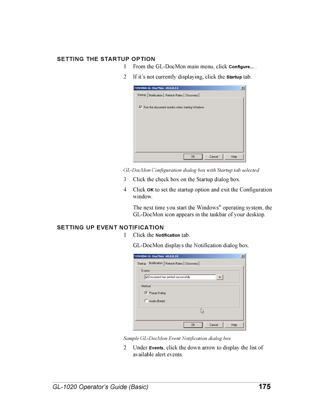 Toshiba GL-1020 manual 175, Setting the Startup Option, Setting UP Event Notification 