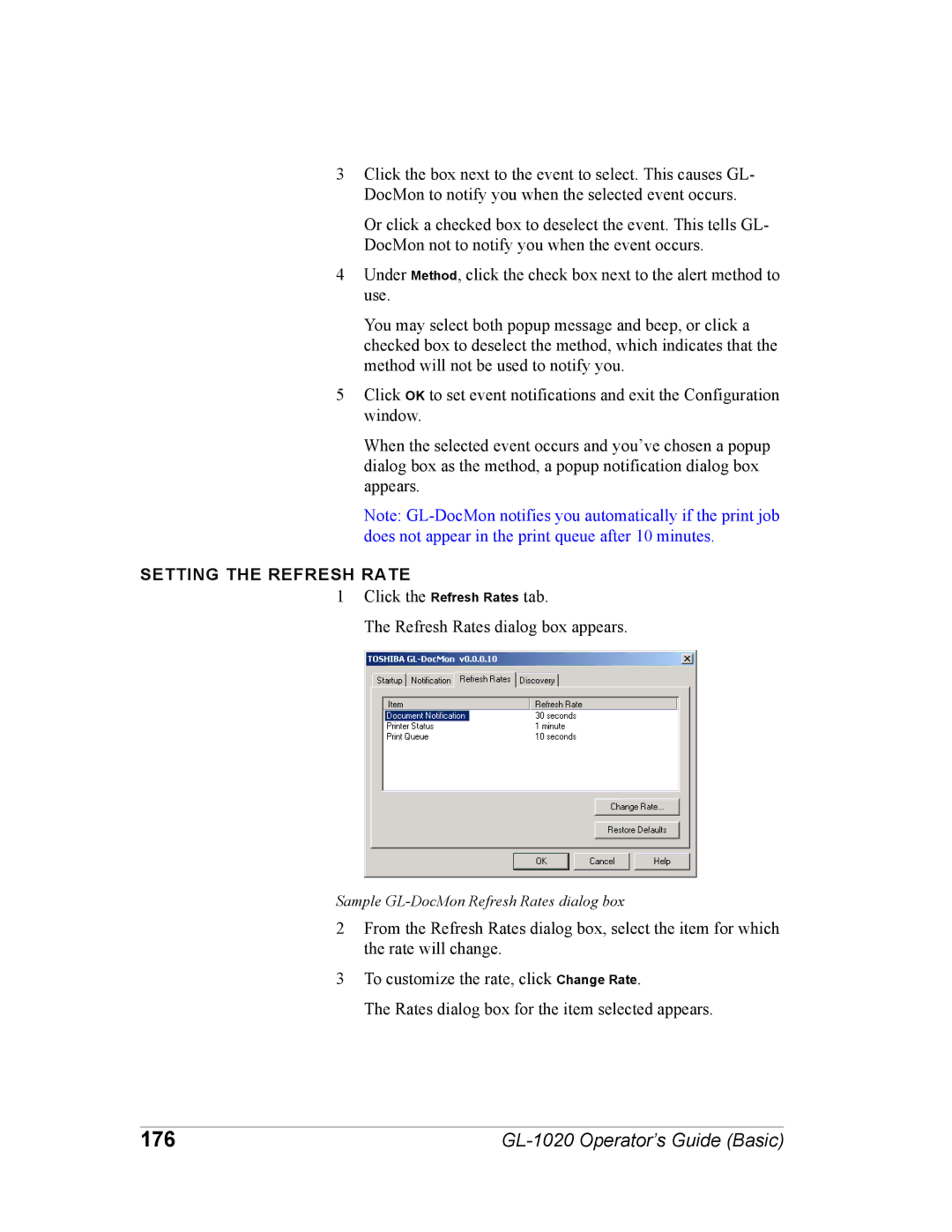 Toshiba GL-1020 manual 176, Setting the Refresh Rate 