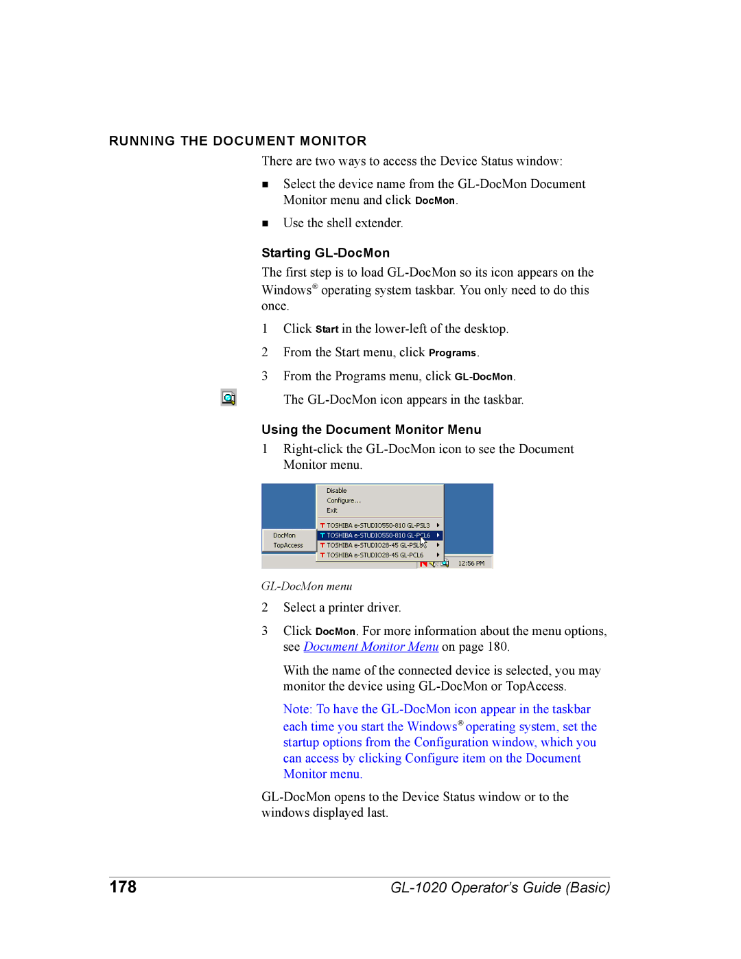 Toshiba GL-1020 manual 178, Running the Document Monitor, Starting GL-DocMon, Using the Document Monitor Menu 